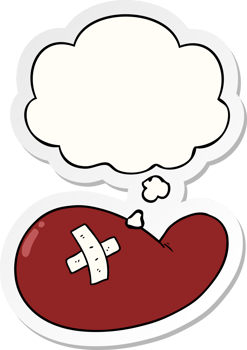 cartoon injured gall bladder with thought bubble as a printed sticker png