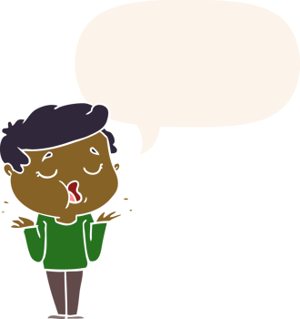 cartoon man talking and shrugging shoulders with speech bubble in retro style png