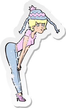 retro distressed sticker of a cartoon woman wearing winter hat png
