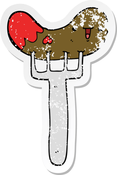 distressed sticker of a cartoon sausage and fork png