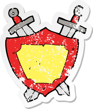 retro distressed sticker of a cartoon shield and swords png