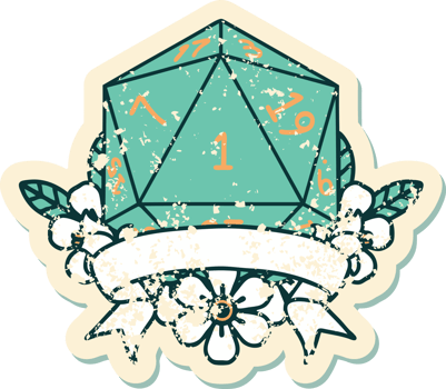 Retro Tattoo Style natural one d20 dice roll png