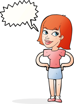 cartoon happy woman with hands on hips with speech bubble png