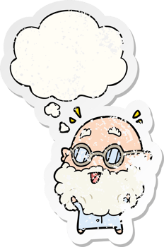 cartoon surprised old man with thought bubble as a distressed worn sticker png