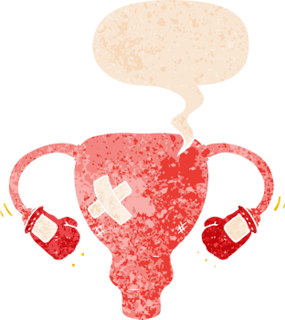 cartoon beat up uterus with boxing gloves with speech bubble in grunge distressed retro textured style png