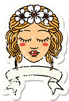 worn old sticker with banner of female face with eyes closed png