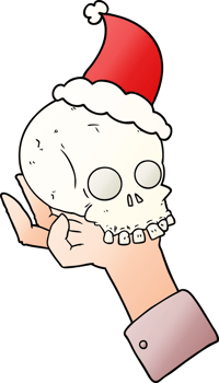 hand drawn gradient cartoon of a hand holding skull wearing santa hat png