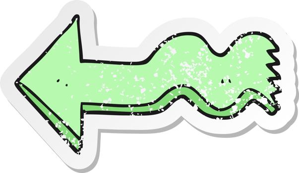 retro distressed sticker of a cartoon pointing arrow png