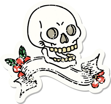 worn old sticker with banner of a skull png