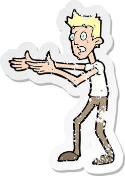 retro distressed sticker of a cartoon man desperately explaining drawing png