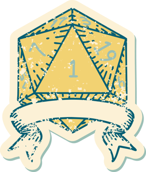 Retro Tattoo Style natural one d20 dice roll png