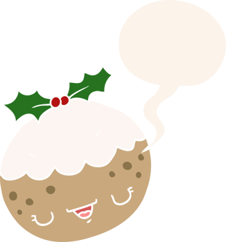 cute cartoon christmas pudding with speech bubble in retro style png