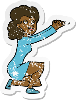 retro distressed sticker of a cartoon woman presentation gesture png