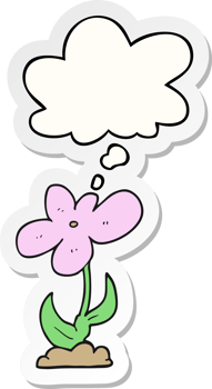 cartoon flower with thought bubble as a printed sticker png