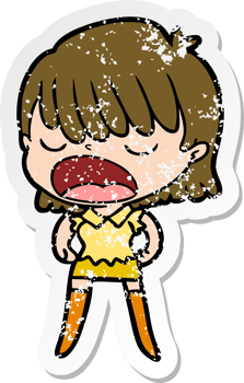 distressed sticker of a cartoon woman talking loudly png