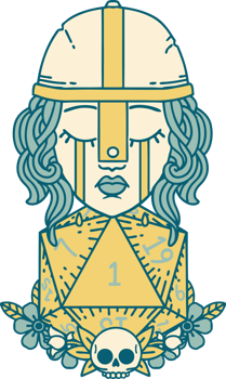 Retro Tattoo Style crying human fighter with natural one D20 roll png