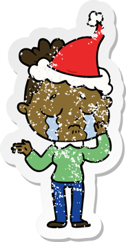 hand drawn distressed sticker cartoon of a crying woman wearing santa hat png