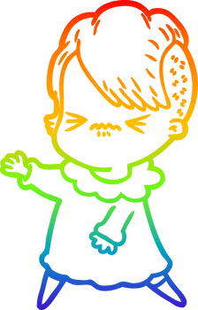 rainbow gradient line drawing of a cartoon annoyed hipster girl png