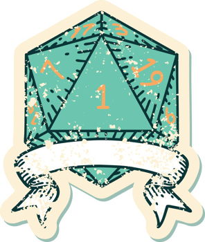 Retro Tattoo Style natural one d20 dice roll png