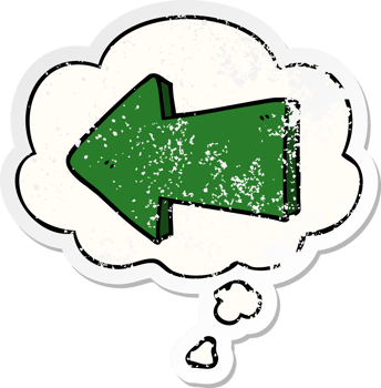 cartoon pointing arrow with thought bubble as a distressed worn sticker png