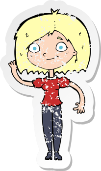 retro distressed sticker of a cartoon woman waving drawing png