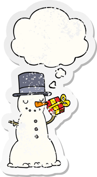 cartoon christmas snowman with thought bubble as a distressed worn sticker png