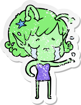 distressed sticker of a cartoon crying alien girl png