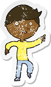 retro distressed sticker of a cartoon happy pointing png
