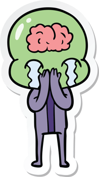 sticker of a cartoon big brain alien crying png