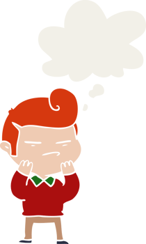 cartoon cool guy with fashion hair cut with thought bubble in retro style png