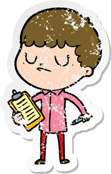 distressed sticker of a cartoon grumpy boy png