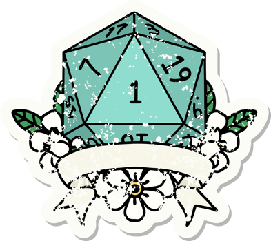 grunge sticker of a natural one d20 dice roll png