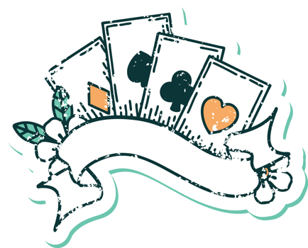iconic distressed sticker tattoo style image of cards and banner png