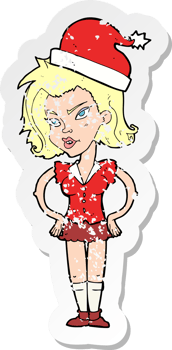 retro distressed sticker of a cartoon woman in christmas hat png