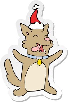 hand drawn sticker cartoon of a happy dog wearing santa hat png