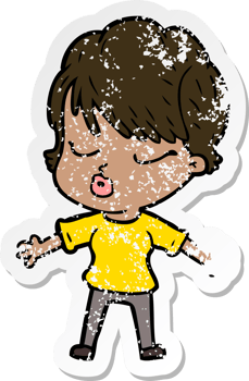 distressed sticker of a cartoon woman with eyes shut png