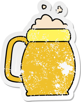 distressed sticker of a quirky hand drawn cartoon pint of beer png