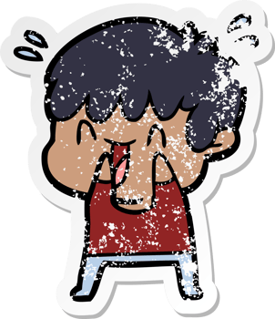 distressed sticker of a cartoon laughing boy png