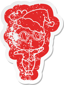 quirky cartoon distressed sticker of a woman wearing spectacles wearing santa hat png
