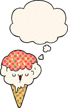 cartoon ice cream with thought bubble in comic book style png