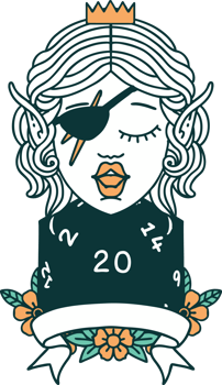 Retro Tattoo Style elf rogue character with natural twenty dice roll png