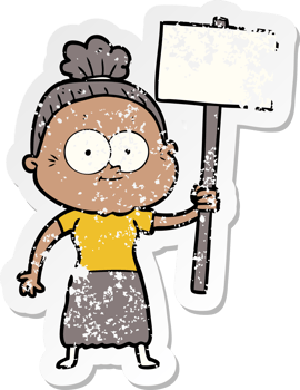 distressed sticker of a cartoon happy old woman png