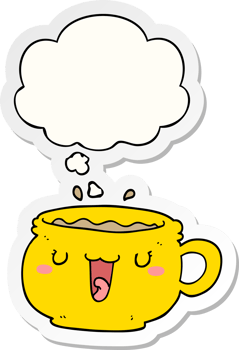cute cartoon coffee cup with thought bubble as a printed sticker png