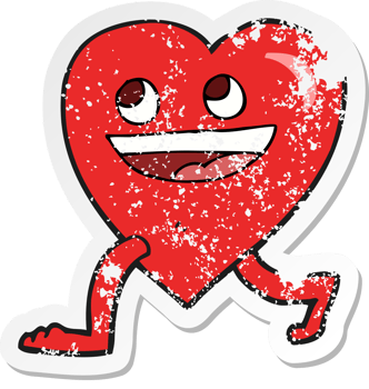 retro distressed sticker of a cartoon walking heart png