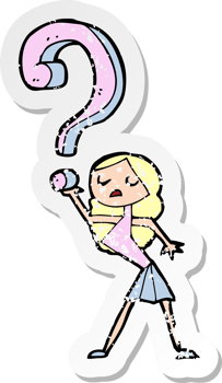 retro distressed sticker of a cartoon girl with questions png