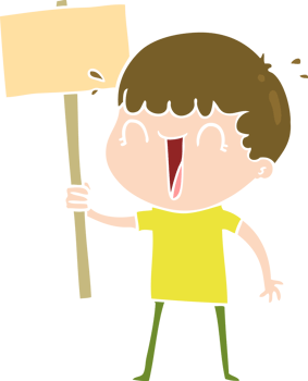 laughing flat color style cartoon man waving placard png