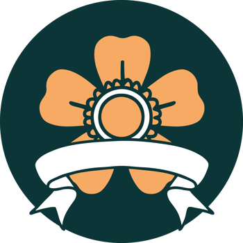 tattoo style icon with banner of a flower png