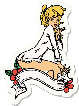 sticker of tattoo in traditional style of a pinup girl wearing a shirt with banner png