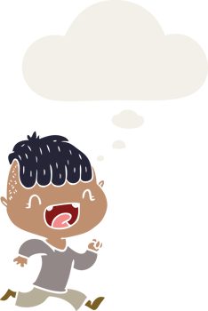 cartoon happy boy laughing and running away with thought bubble in retro style png