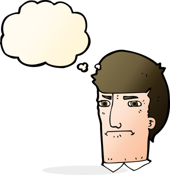 cartoon man narrowing eyes with thought bubble png